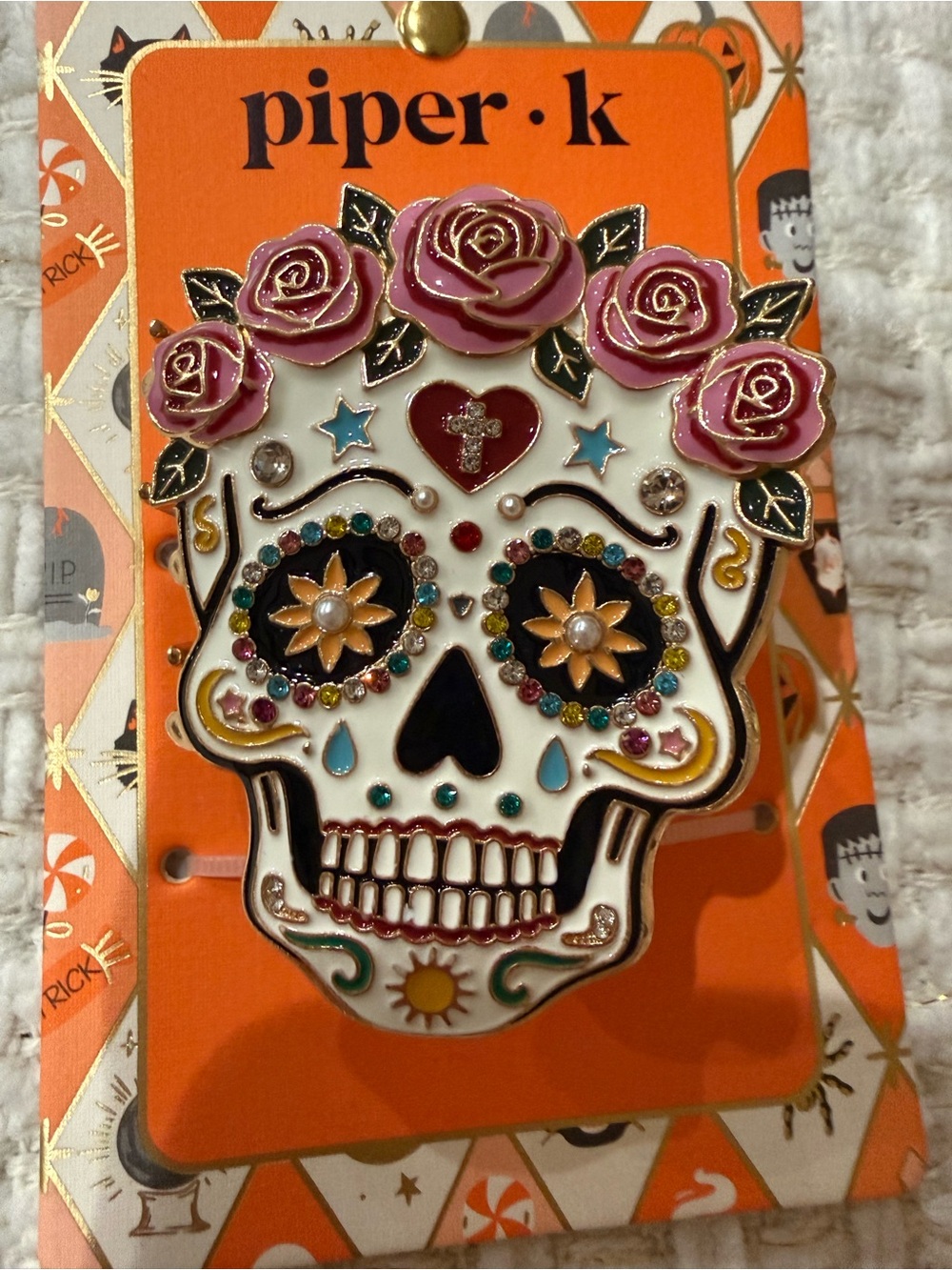 ☠️🌺piper·k Pink Floral Sugar Skull Hair Clip NWT - Picture 2 of 5